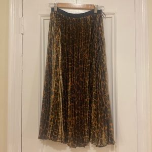 JCrew pleated, midi, A-line, leopard midi, skirt with gros-grain waistband.